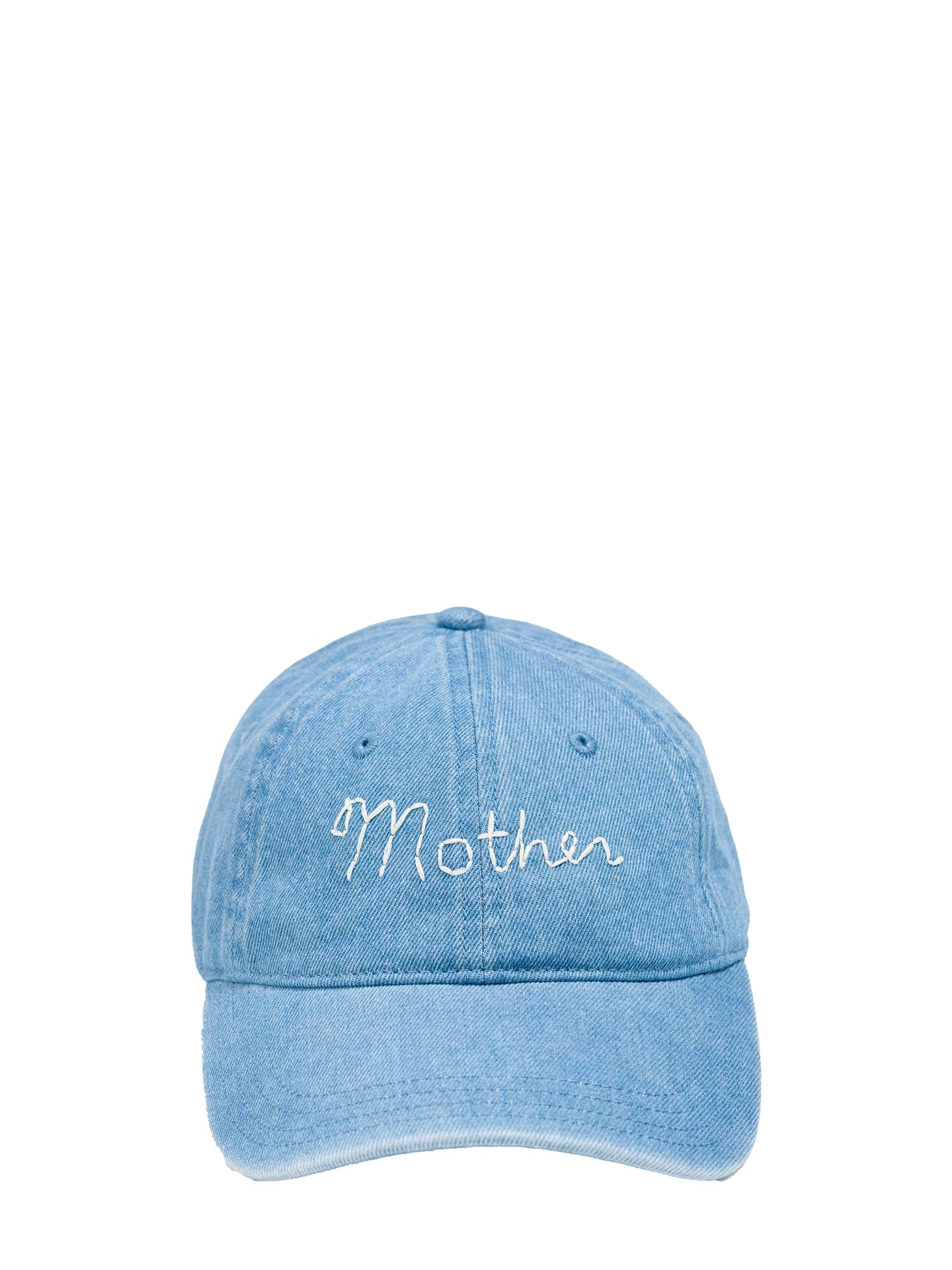 Light blue denim cap with 'Mother' embroidery on a white background