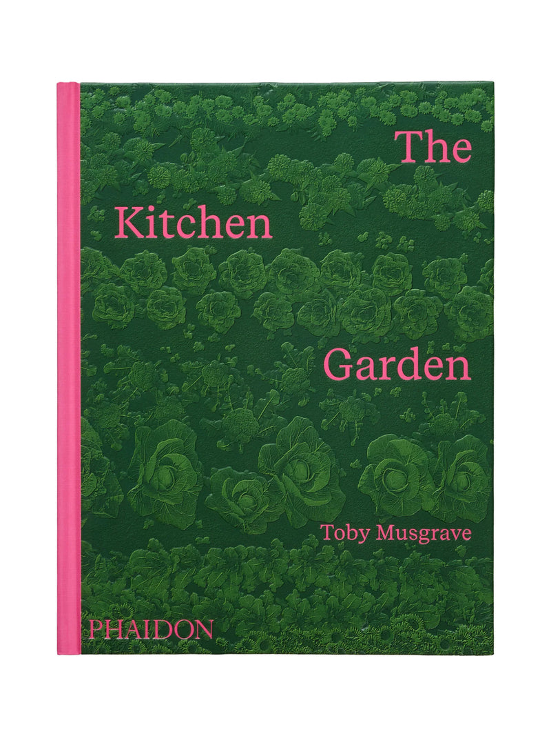Book cover of 'The Kitchen Garden' by Toby Musgrave with green floral pattern and pink text on a white background
