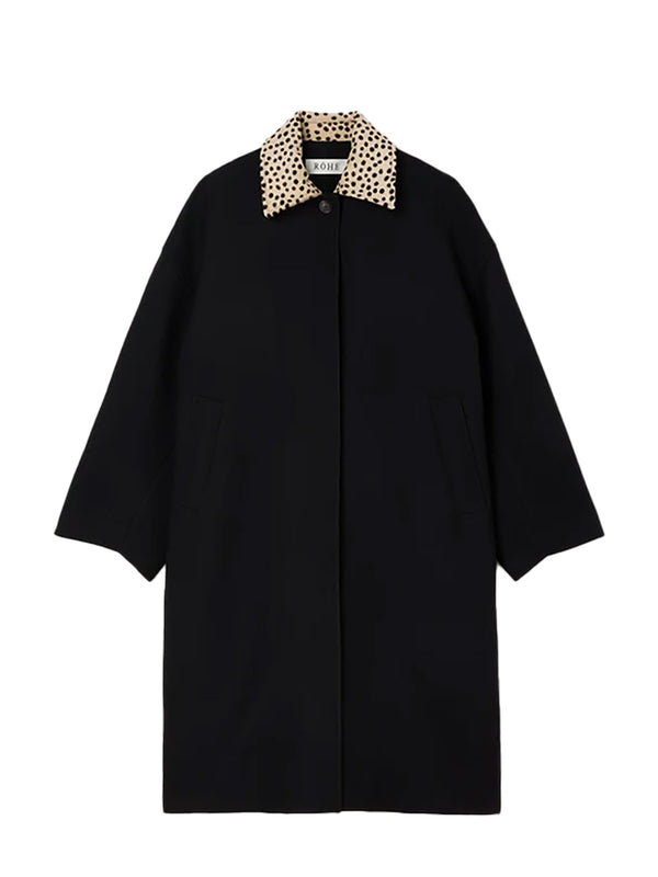 Cheetah collar wool coat, black