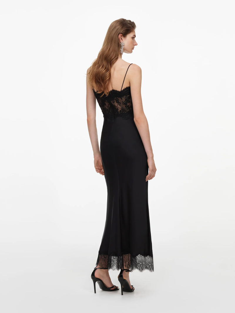 Satin lace midi dress, black
