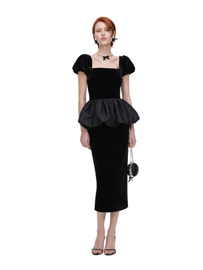 Velvet bubble peplum midi dress, black