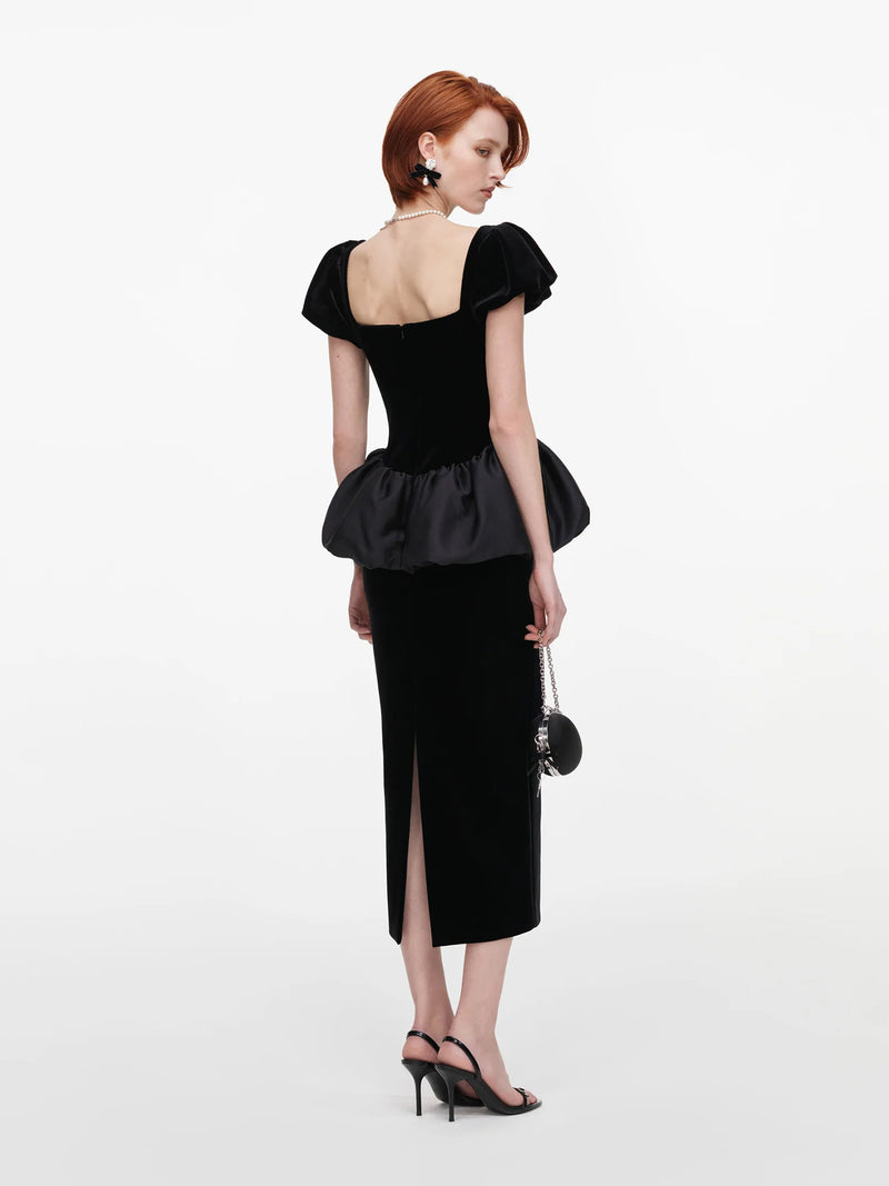 Velvet bubble peplum midi dress, black