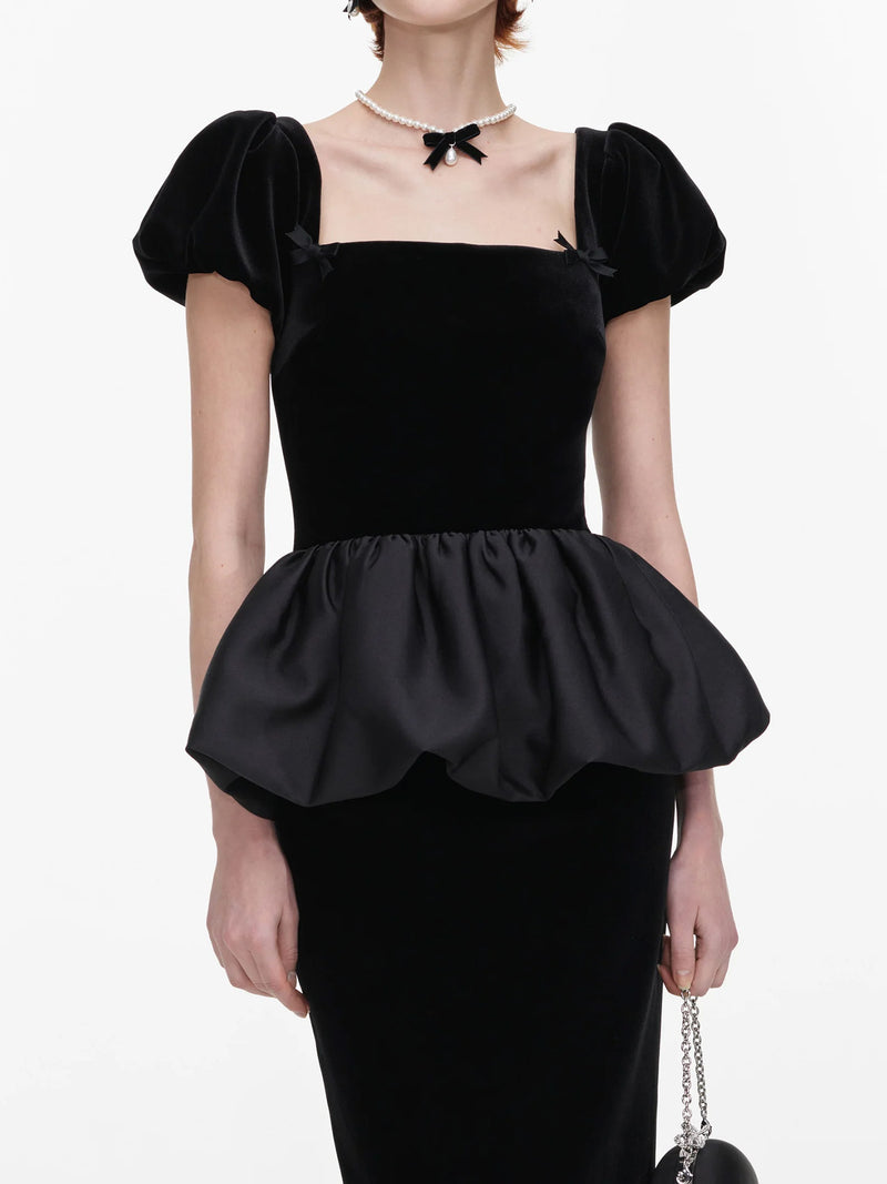 Velvet bubble peplum midi dress, black