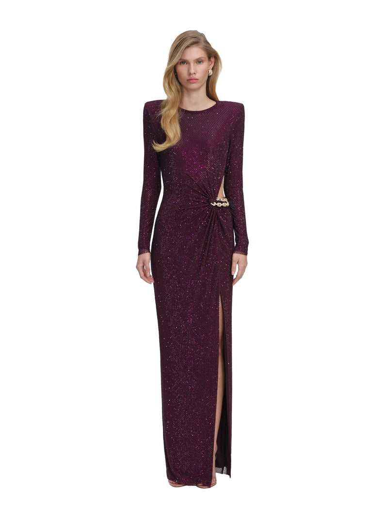 Rhinestone embellished maxi dress, burgundy