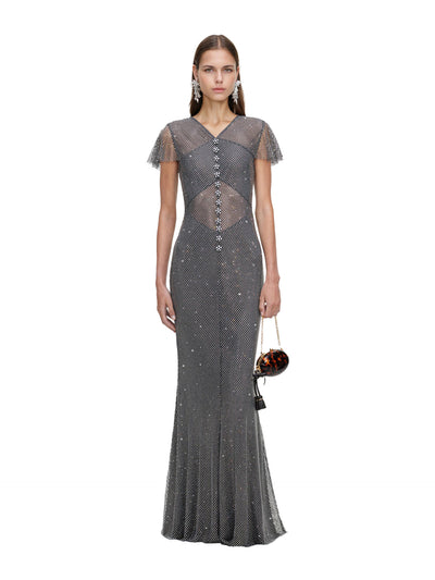 Rhinestone fishnet maxi dress, grey