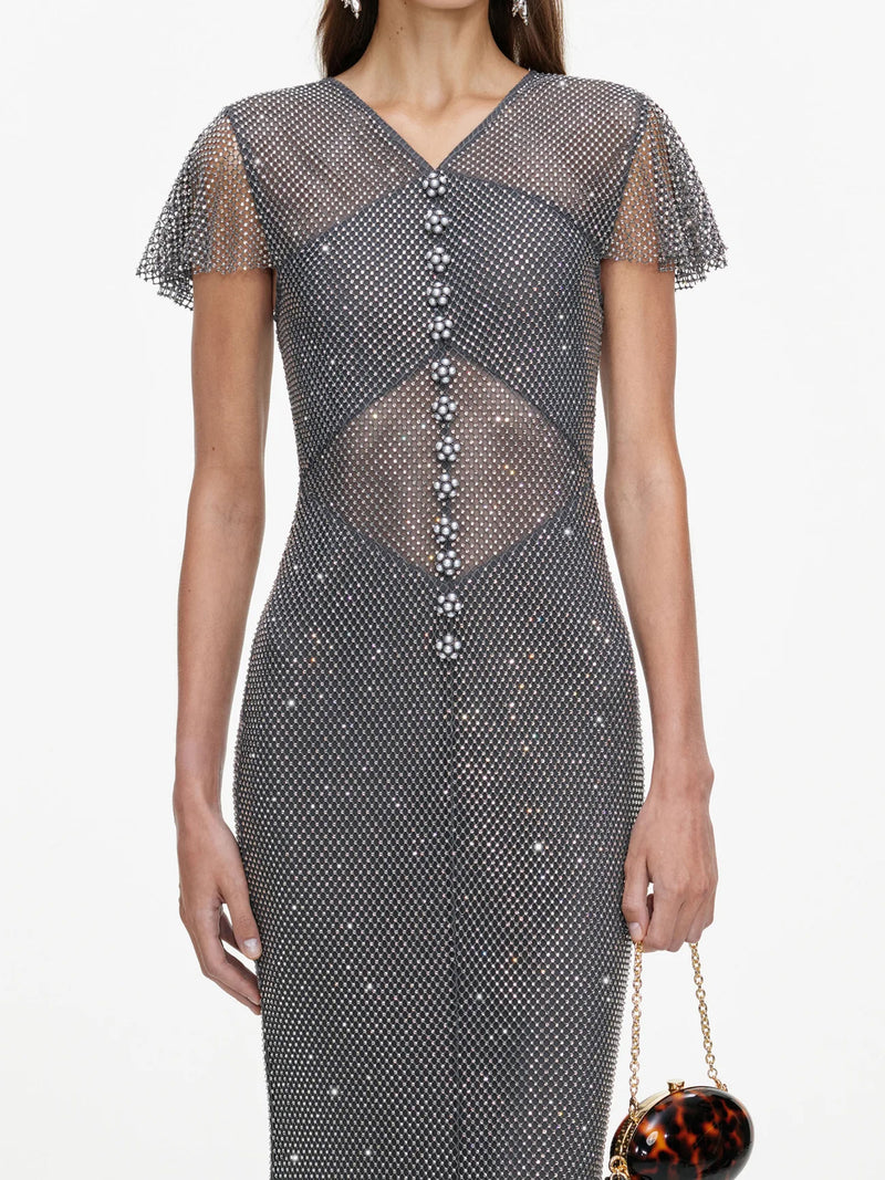 Rhinestone fishnet maxi dress, grey