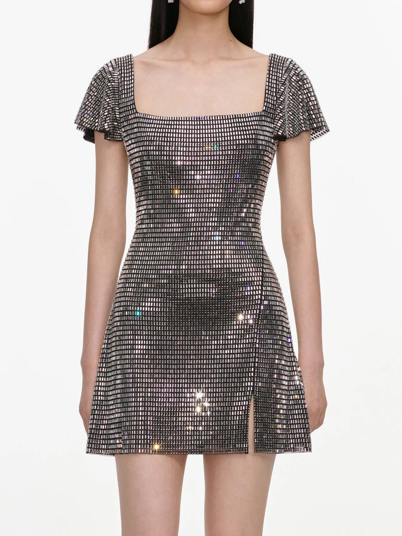 Rhinestone mesh mini dress, grey