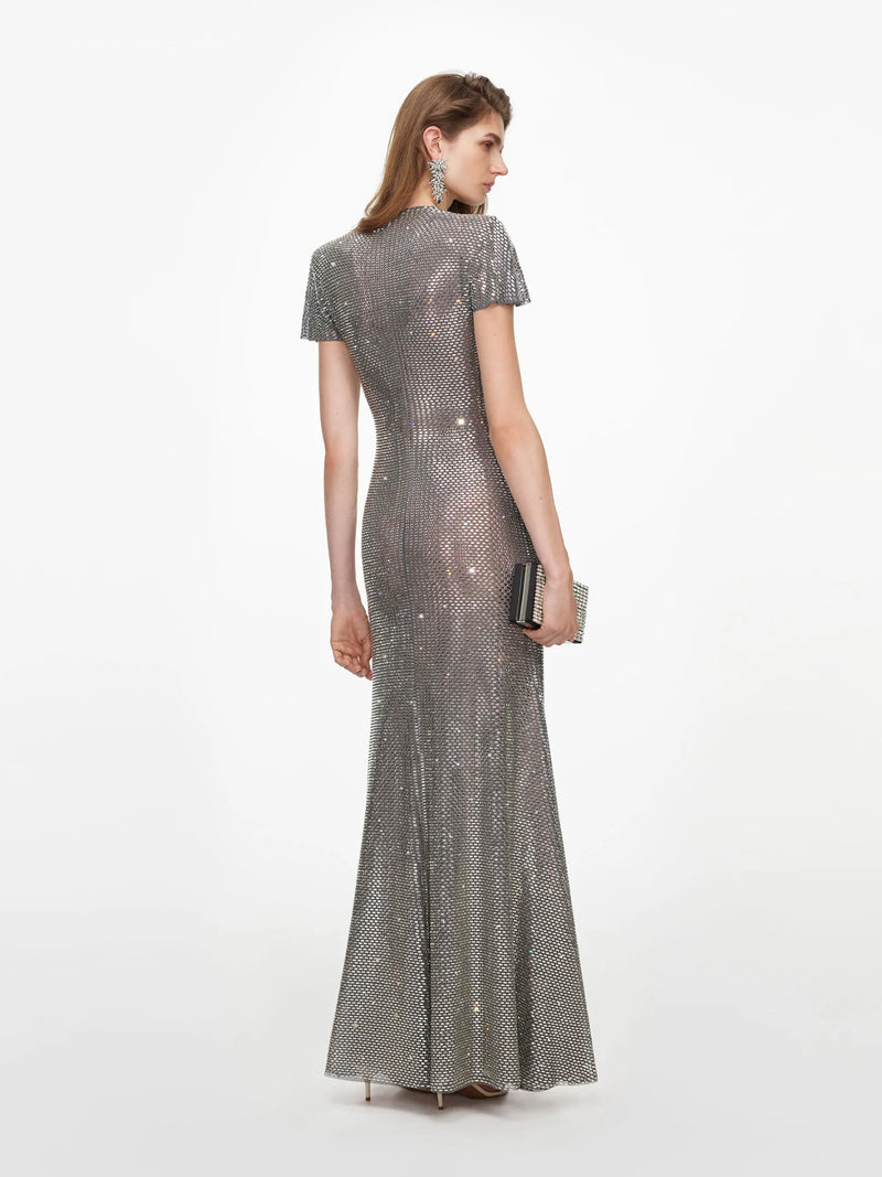 Rhinestone mesh wrap maxi dress, grey