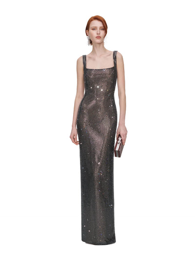 Square neck rhinestone maxi dress, gunmetal