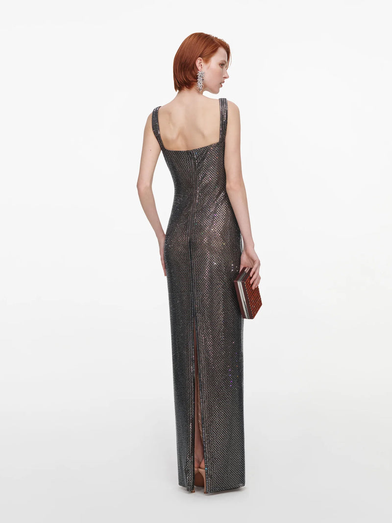 Square neck rhinestone maxi dress, gunmetal