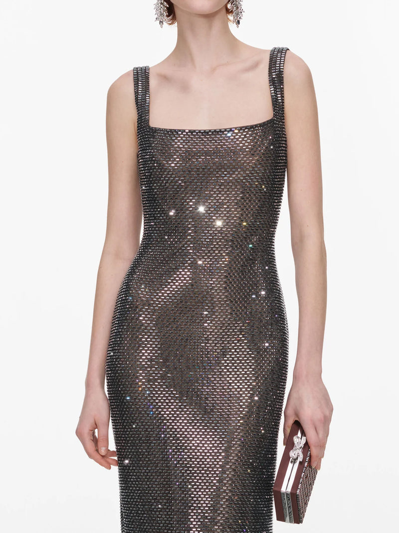 Square neck rhinestone maxi dress, gunmetal