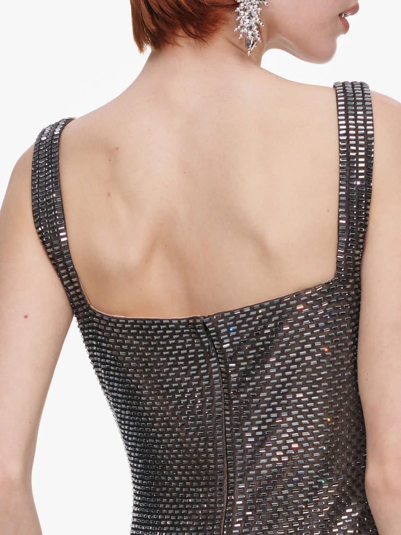 Square neck rhinestone maxi dress, gunmetal