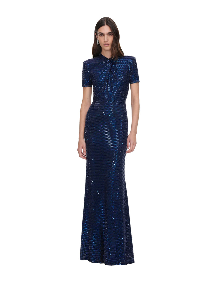 Rhinestone mesh twist maxi dress, navy