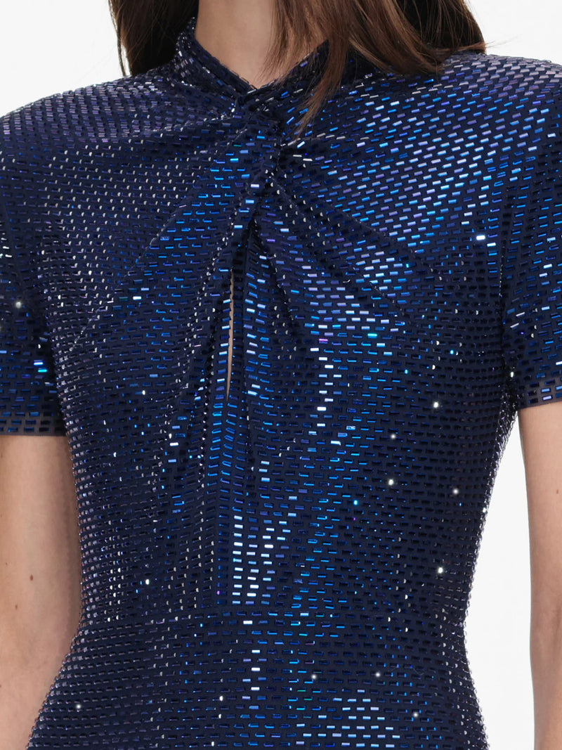 Rhinestone mesh twist maxi dress, navy