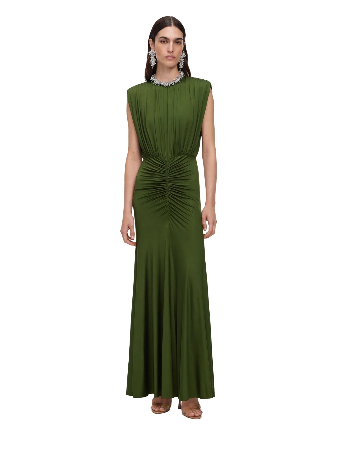 Jersey gathered maxi dress, olive