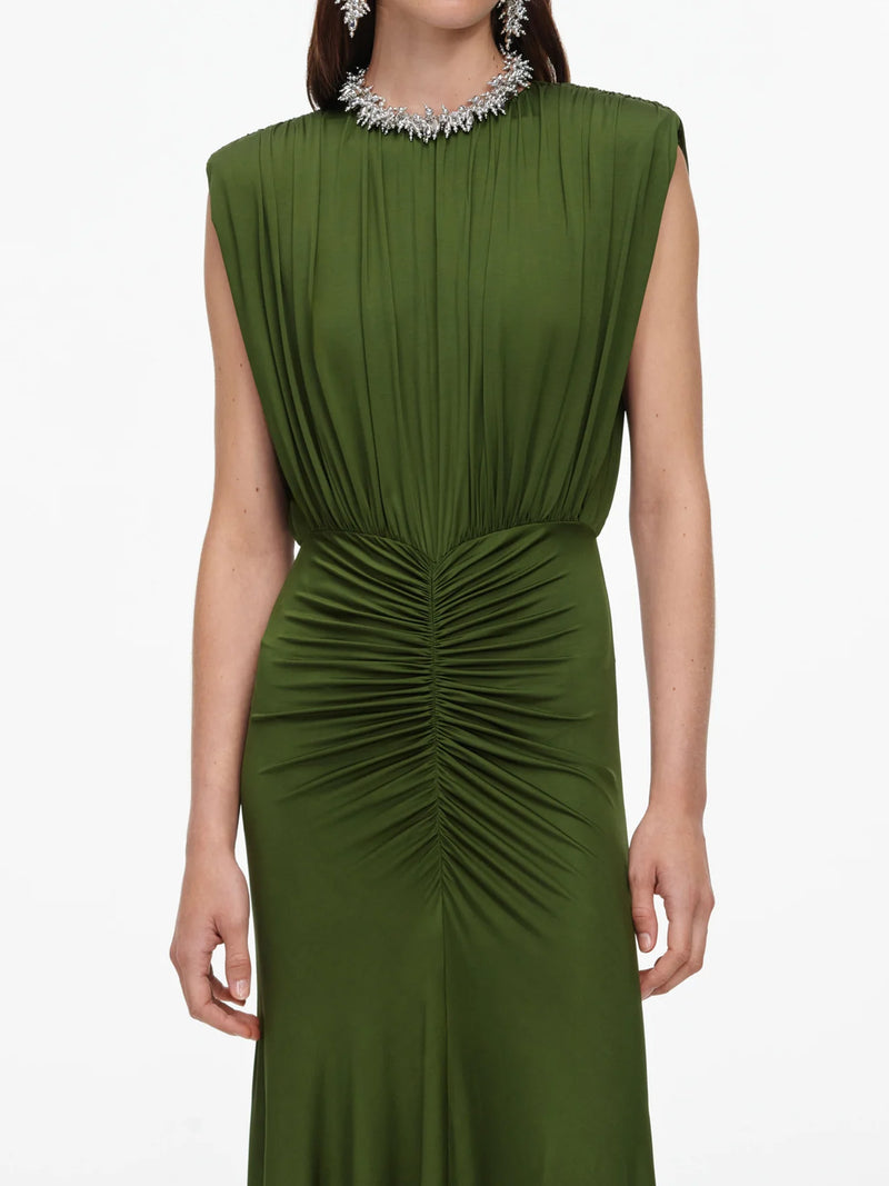 Jersey gathered maxi dress, olive
