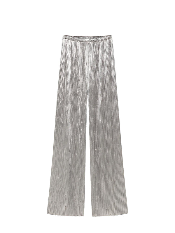 Silky velvet pleated jersey elasticated pants, silver