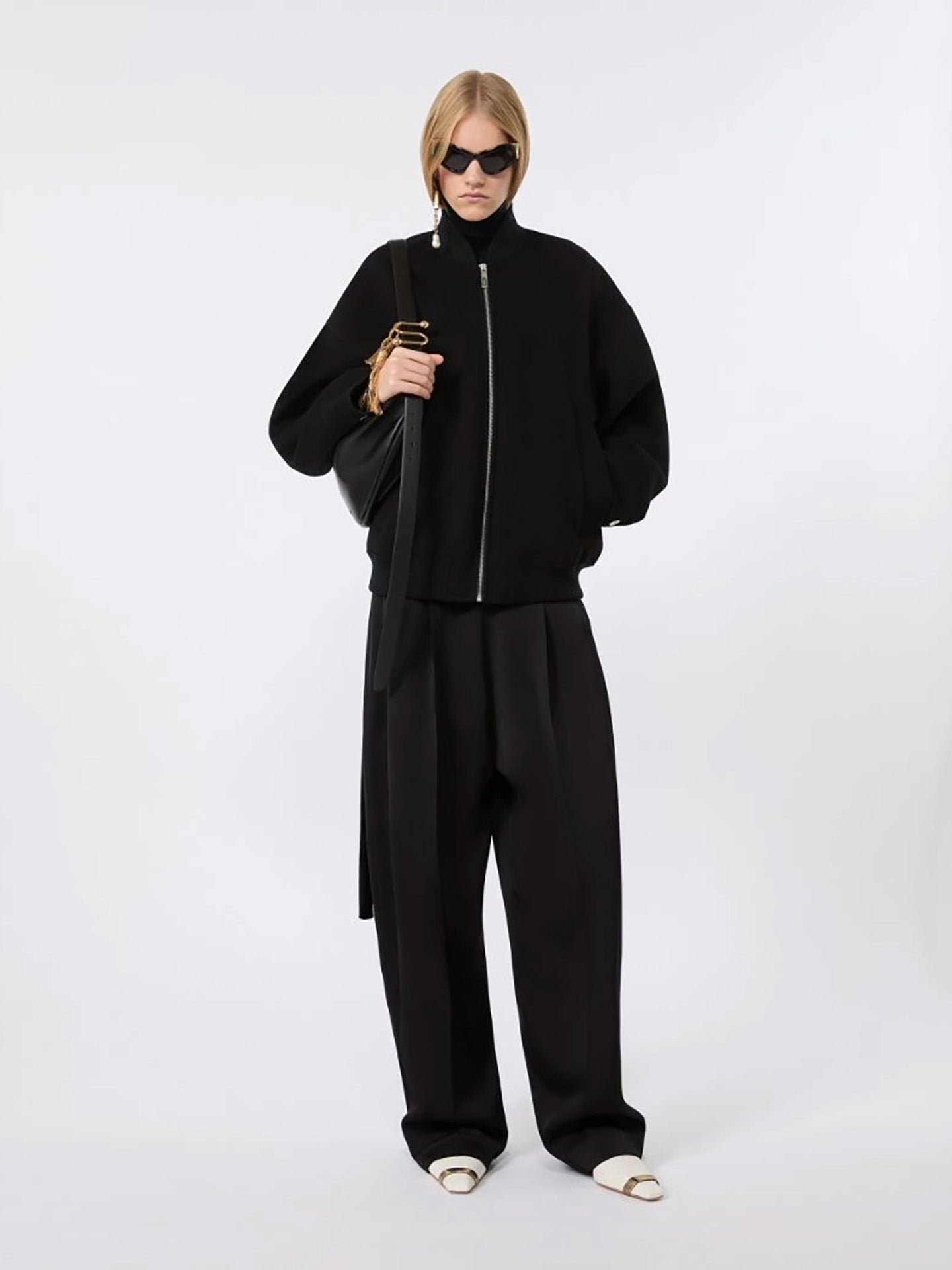 Double-faced wool bomber coat, black