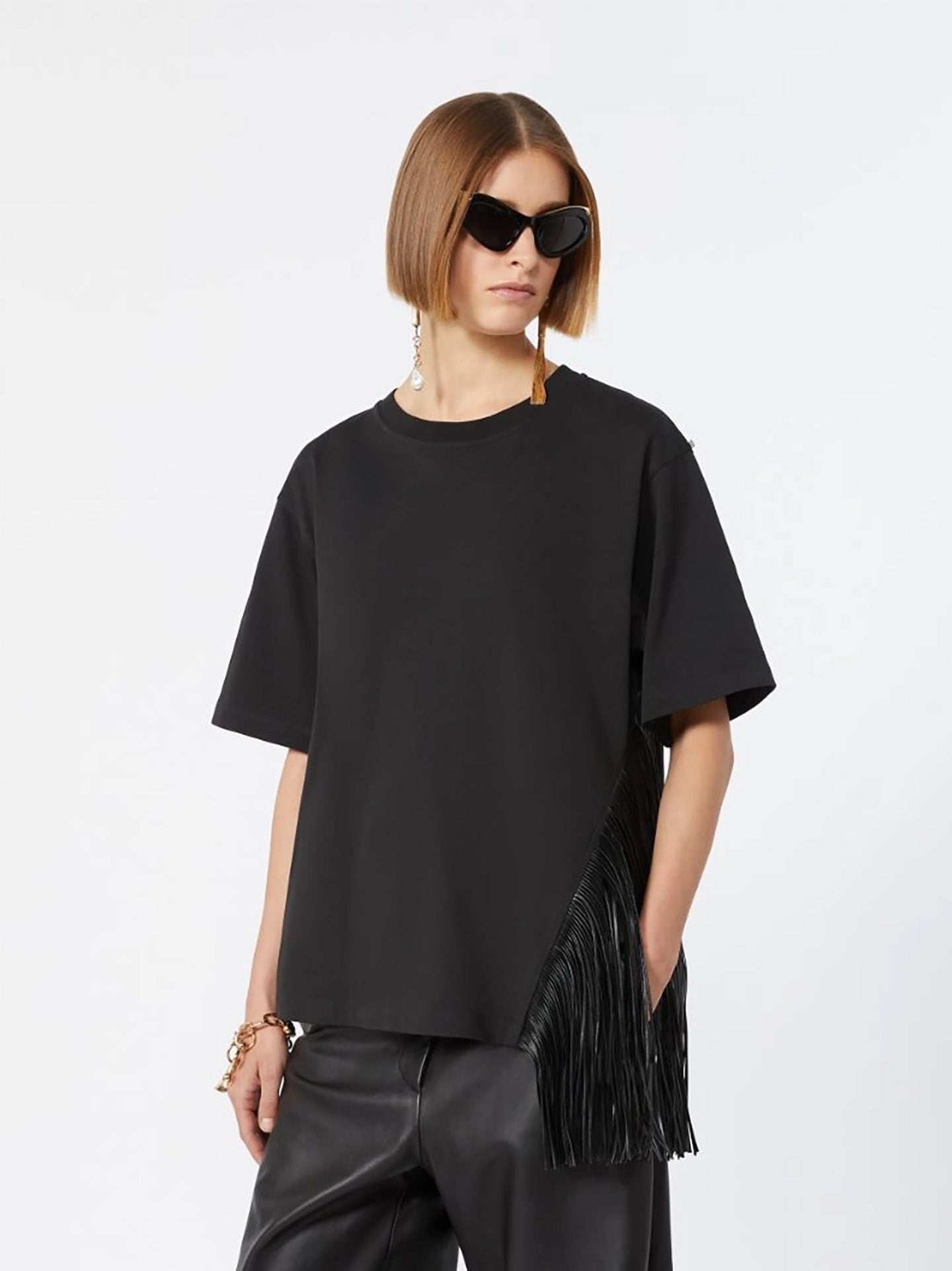 Fringed cotton t-shirt, black