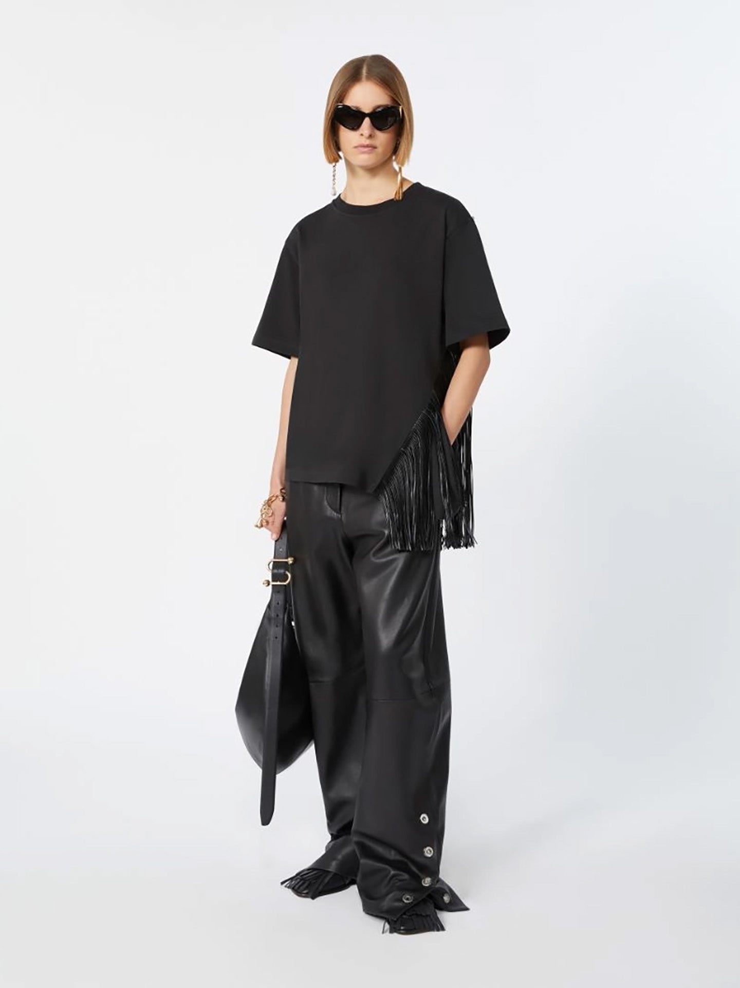 Fringed cotton t-shirt, black