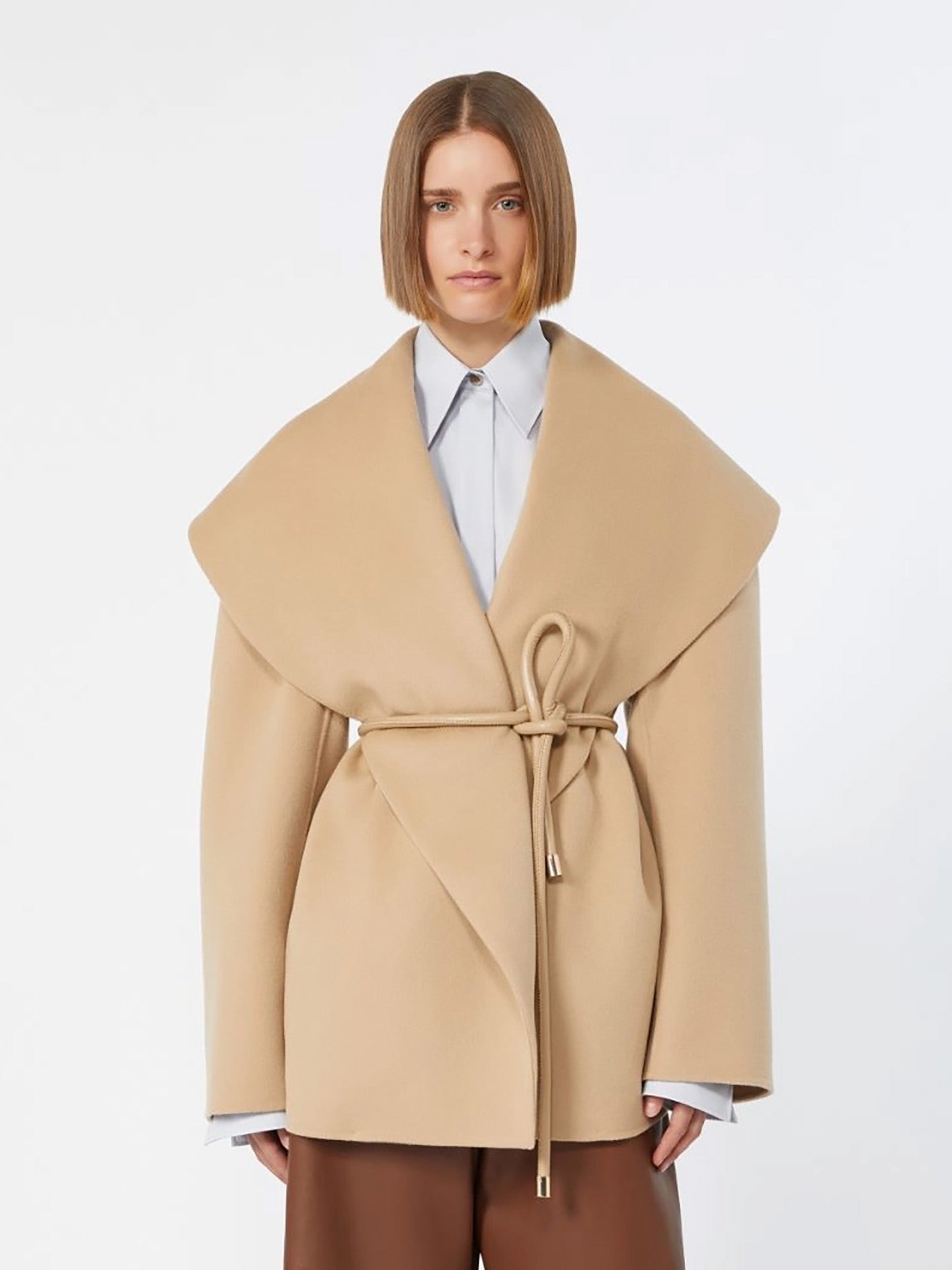 Wool double fabric wrap coat, beige