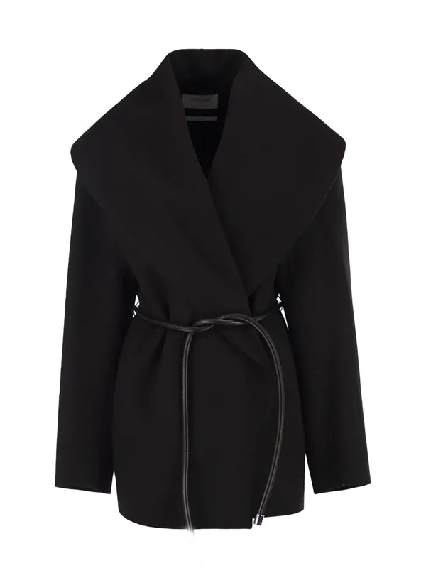Uguale wool double fabric wrap coat, black