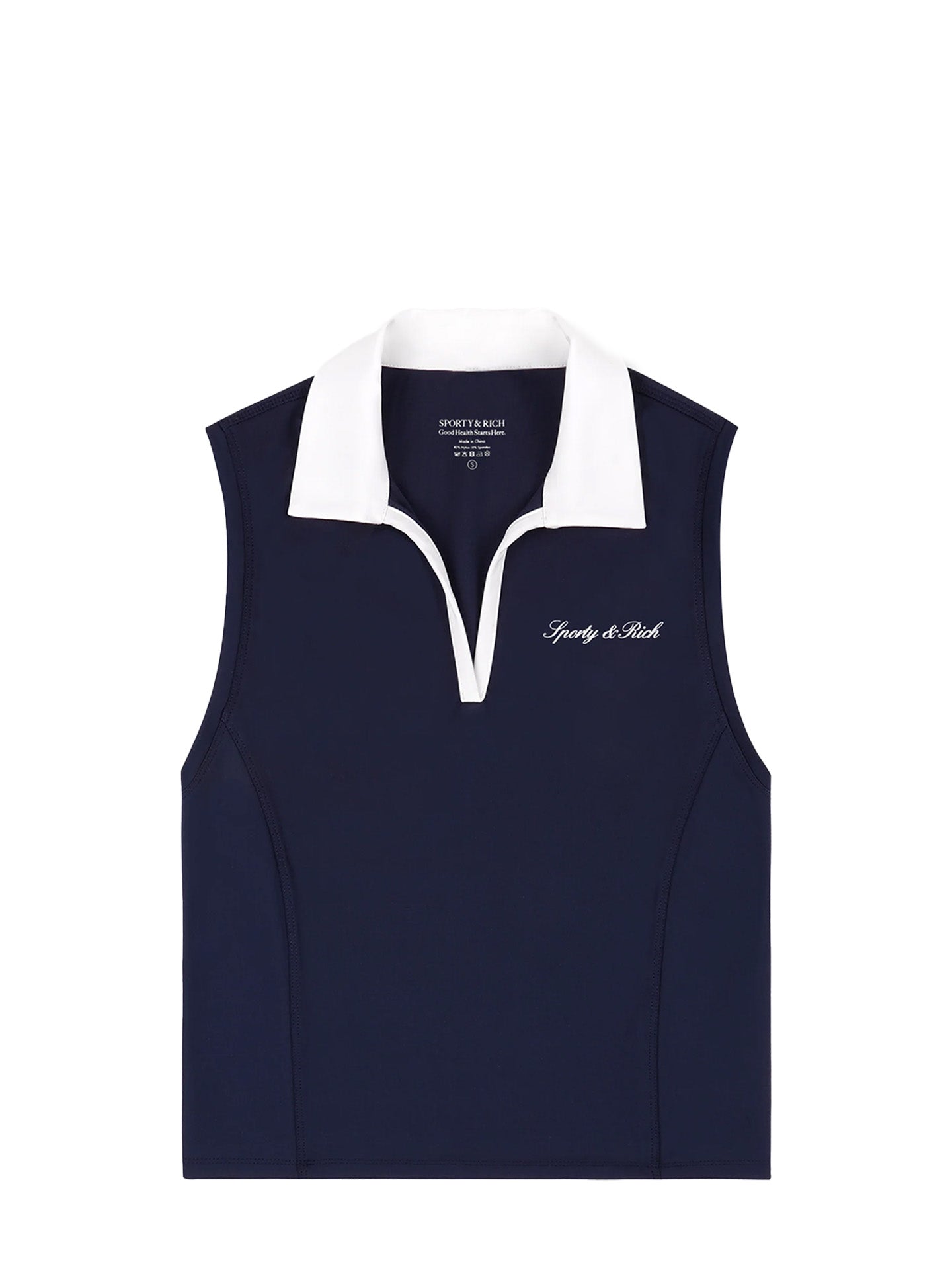 Navy Sporty & Rich vest with white collar on a white background