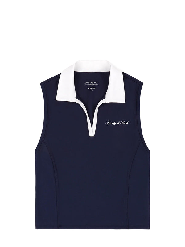 Navy Sporty & Rich vest with white collar on a white background