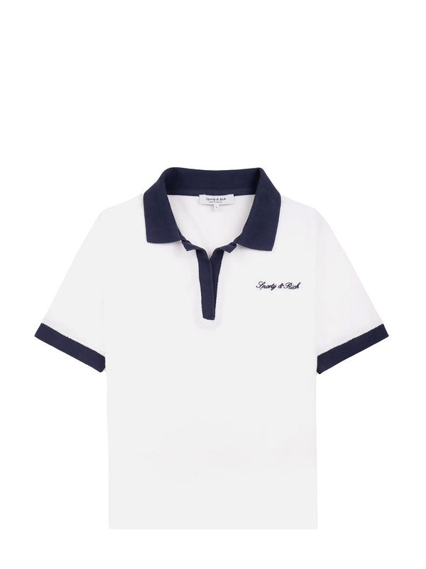 White Sporty & Rich polo shirt with navy accents on a white background