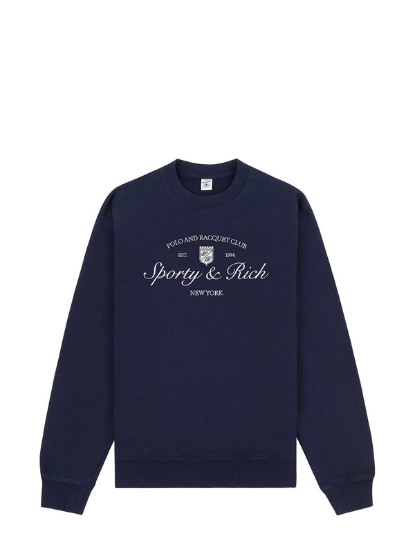 Navy blue Sporty & Rich sweatshirt with white text on a white background