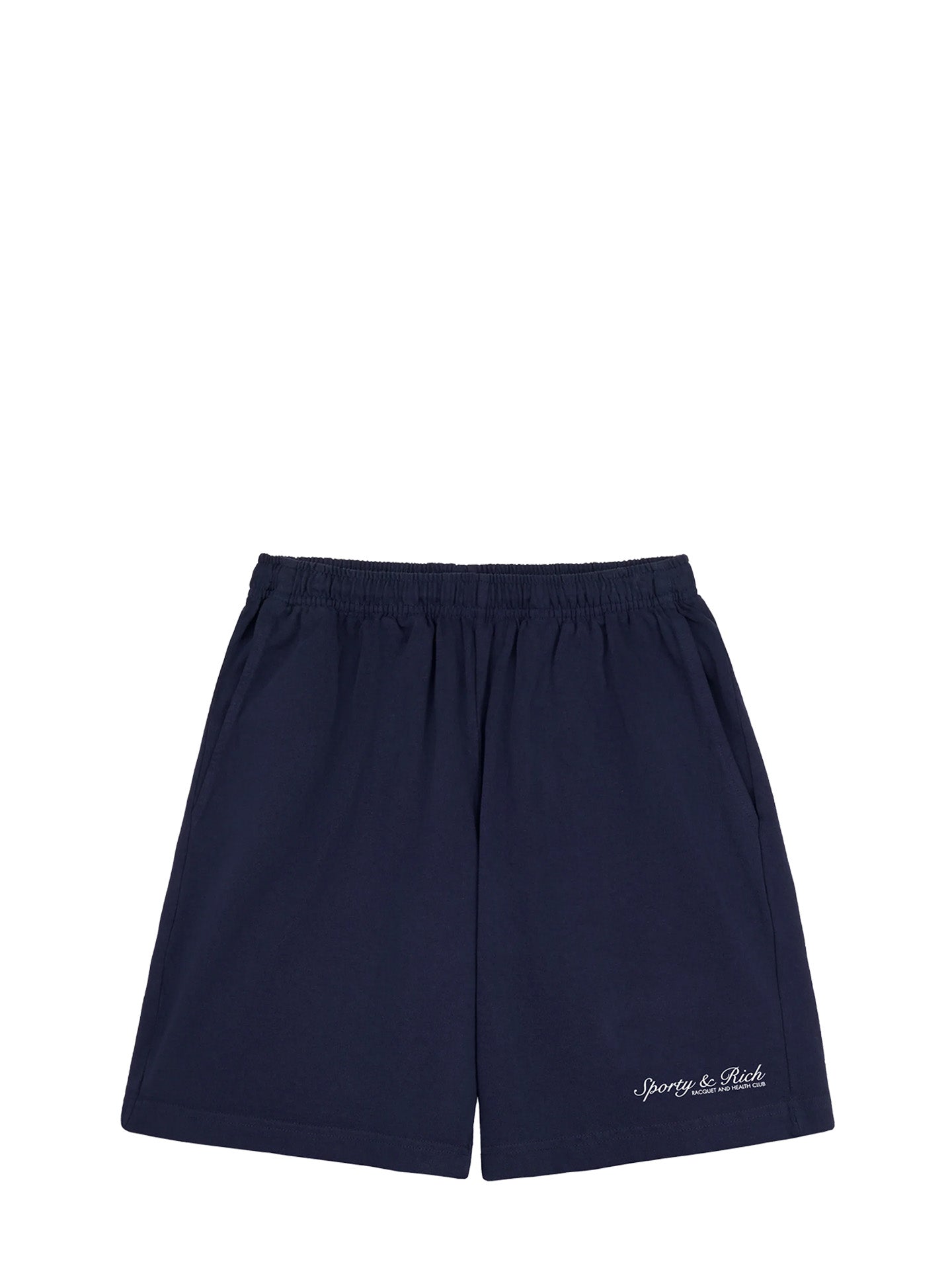 Navy Sporty & Rich shorts with logo on a white background