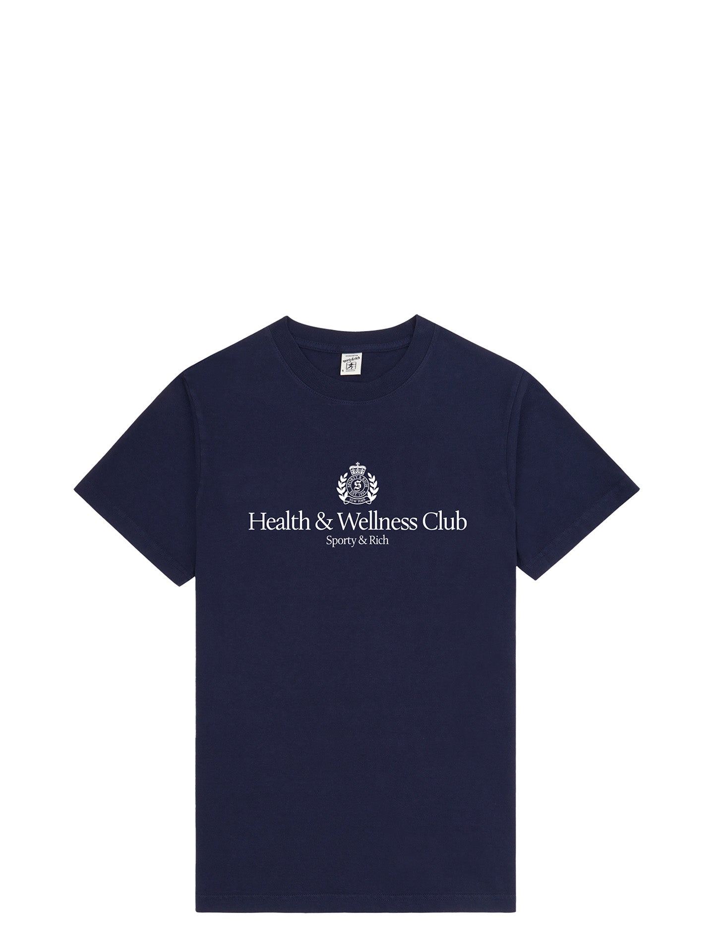 A navy blue short-sleeve crewneck t-shirt with a white printed logo and text on the chest reading 'Health & Wellness Club' and 'Sporty & Health', displayed flat against a solid white background.