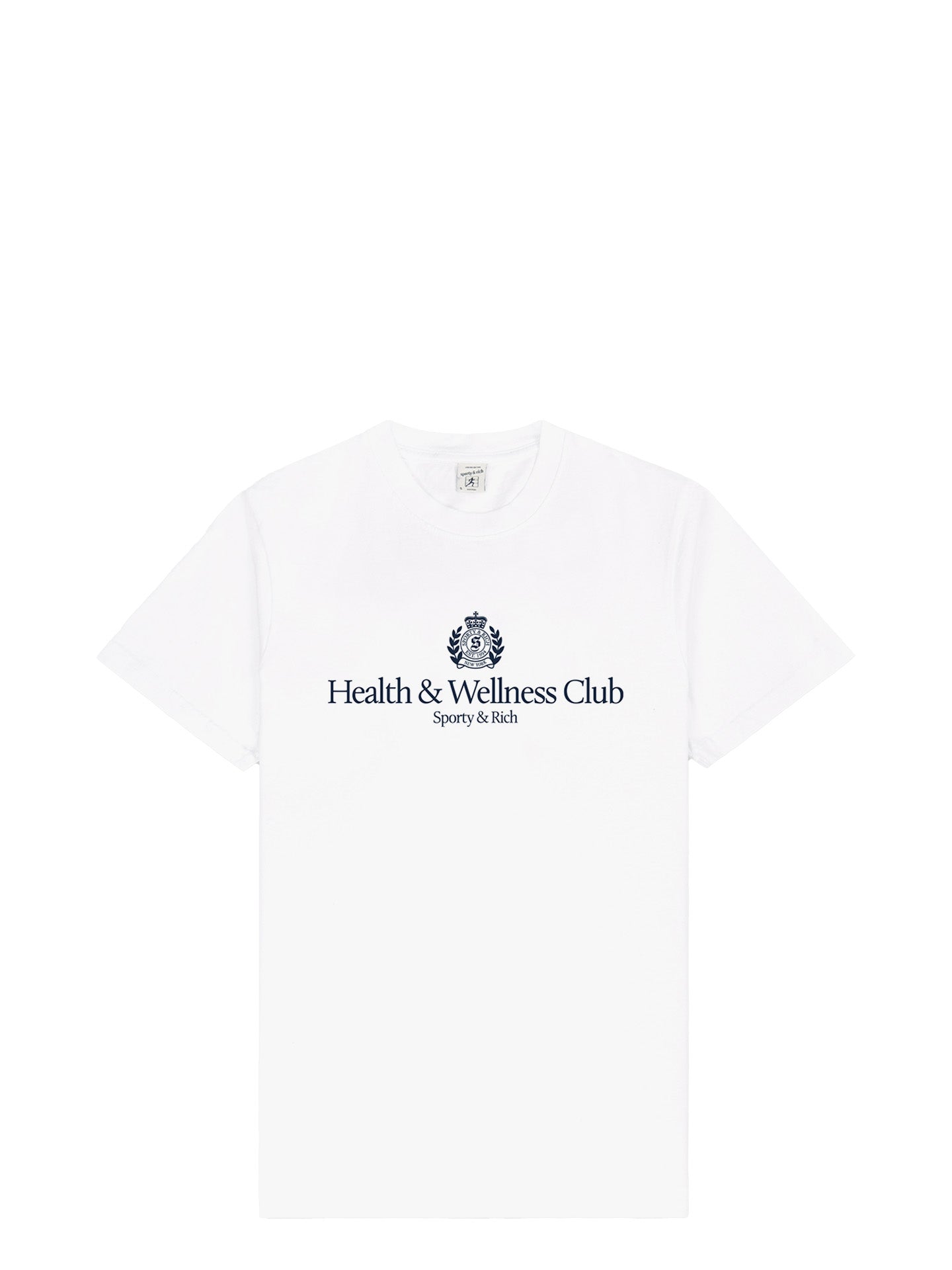 A white short-sleeve crewneck t-shirt featuring a navy blue printed logo on the chest that reads 'Health & Wellness Club' with a crest above it and 'Sporty & Rich' underneath, displayed on a clean white background.