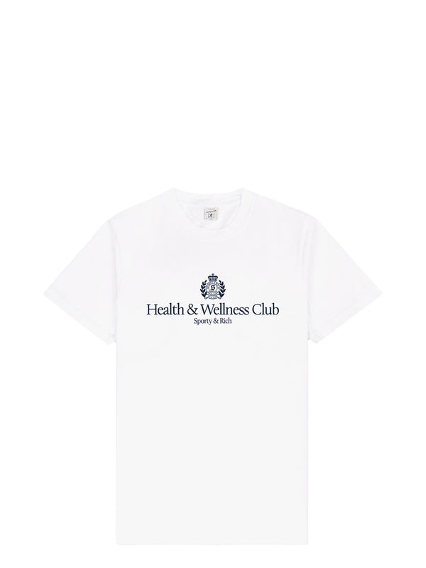 A white short-sleeve crewneck t-shirt featuring a navy blue printed logo on the chest that reads 'Health & Wellness Club' with a crest above it and 'Sporty & Rich' underneath, displayed on a clean white background.
