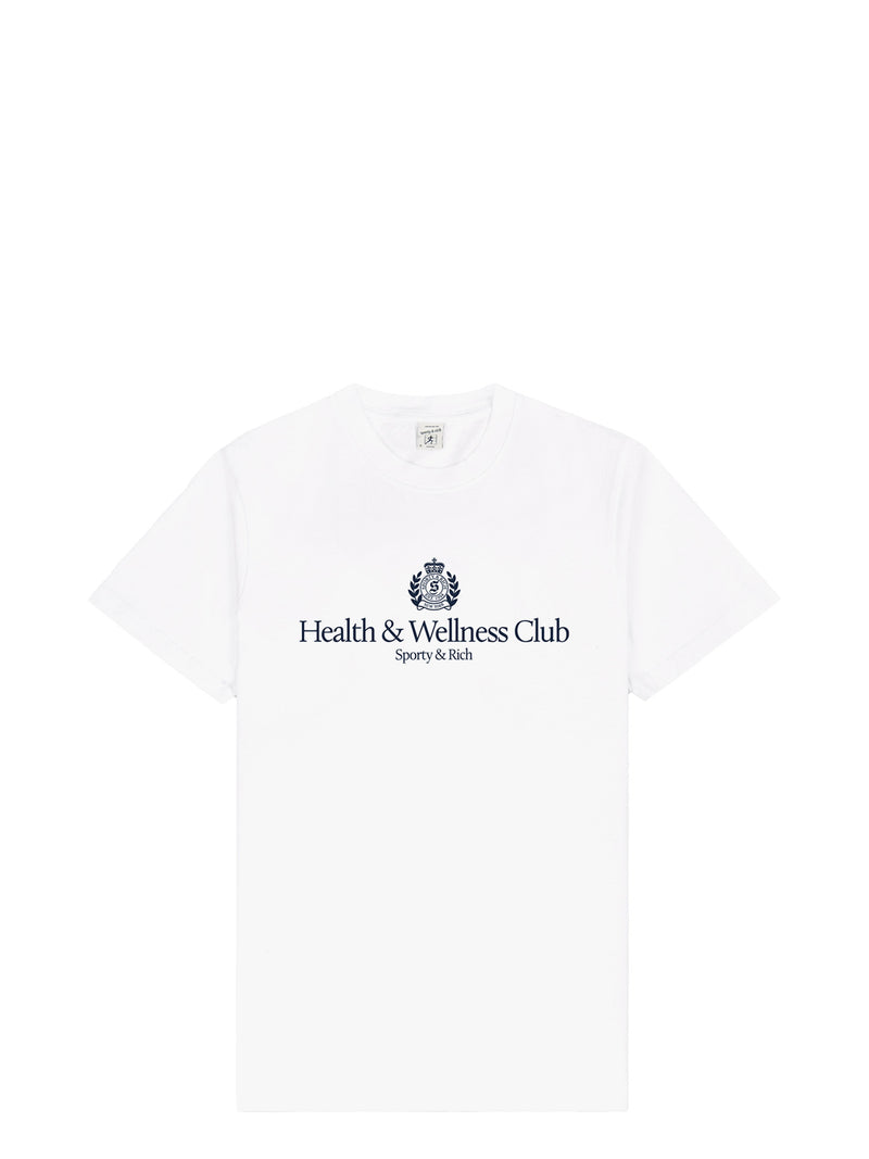 A white short-sleeve crewneck t-shirt featuring a navy blue printed logo on the chest that reads 'Health & Wellness Club' with a crest above it and 'Sporty & Rich' underneath, displayed on a clean white background.