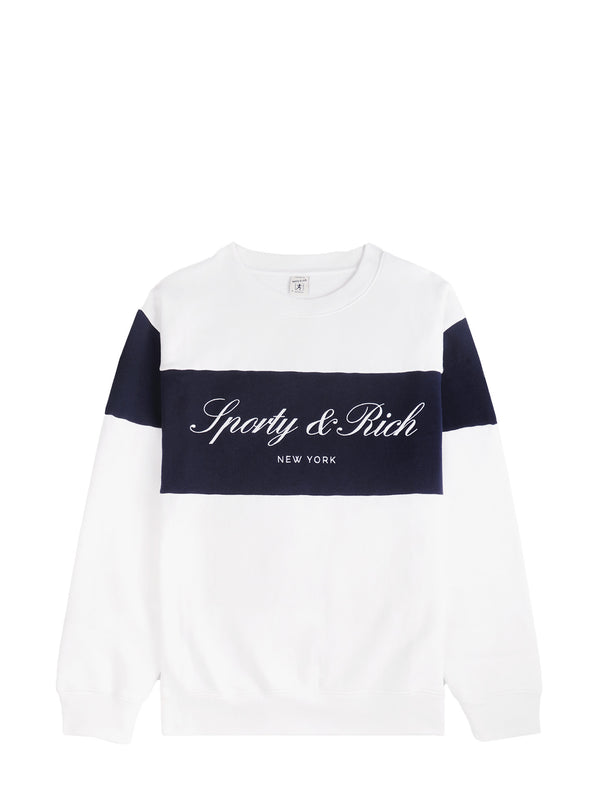 A white crewneck sweatshirt with a navy blue horizontal chest stripe and matching navy sleeves. The chest features a white script logo reading 'Sporty & Rich' with 'NEW YORK' printed below it.