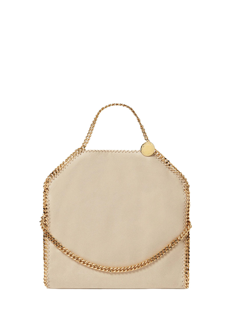 A pale beige shoulder bag with a gold-tone chain handle and trim, shown against a plain white background.