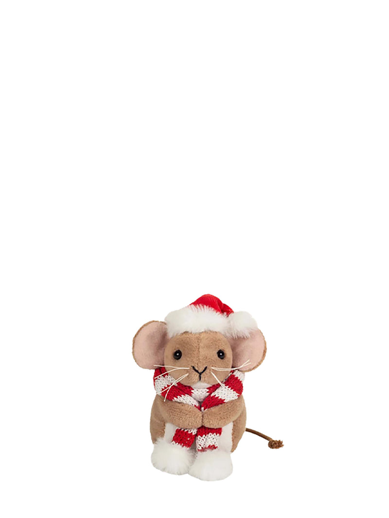 A small plush mouse toy wearing a red and white Santa hat and a red-and-white striped knit scarf, centered on a plain white background.