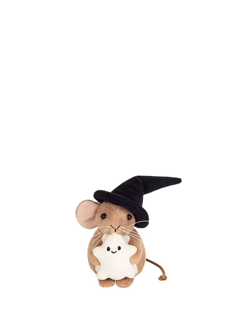 A small plush mouse toy wearing a black pointed witch hat and holding a white star-shaped plush, photographed on a plain white background.