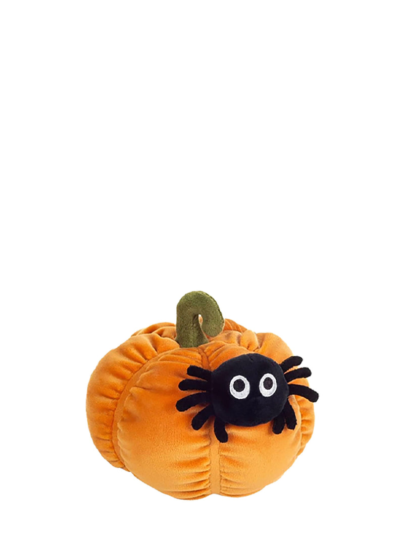 An orange plush pumpkin with a black spider character on the front, featuring a green stem, set against a plain white background.