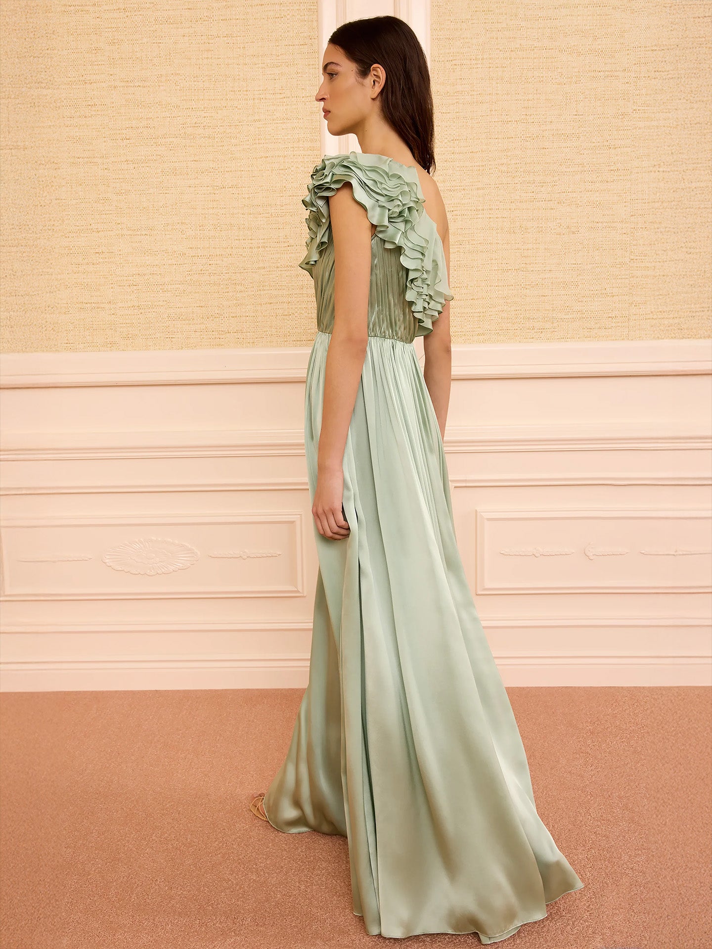 Avalina ruffled silk one shouder gown, Celadon