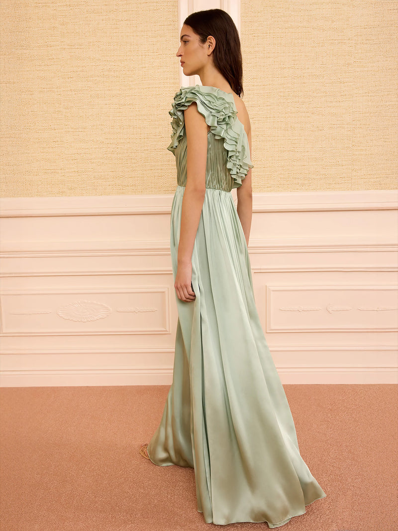 Avalina ruffled silk one shouder gown, Celadon