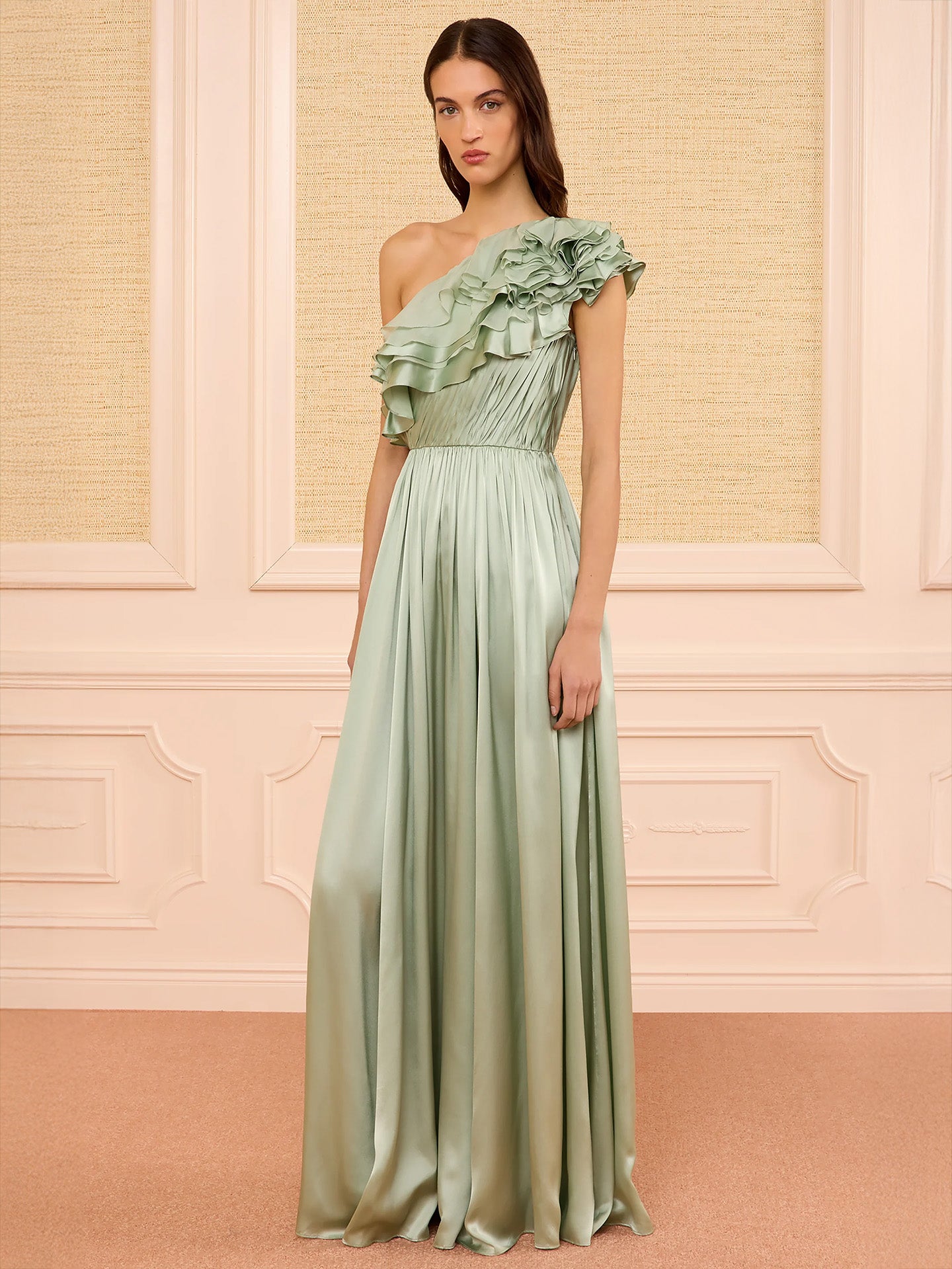 Avalina ruffled silk one shouder gown, Celadon