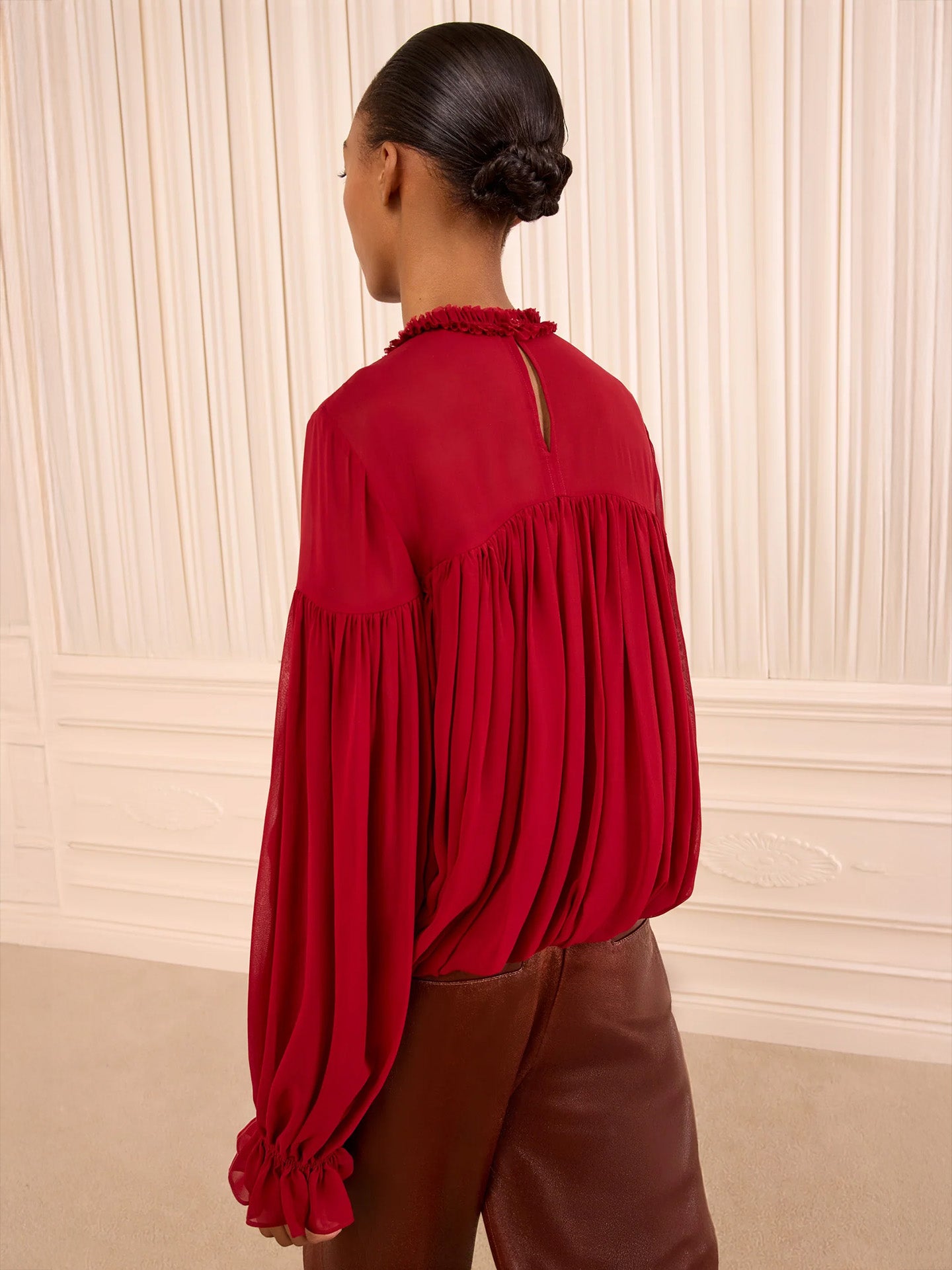Pearl long sleeve silk blouse, cerise