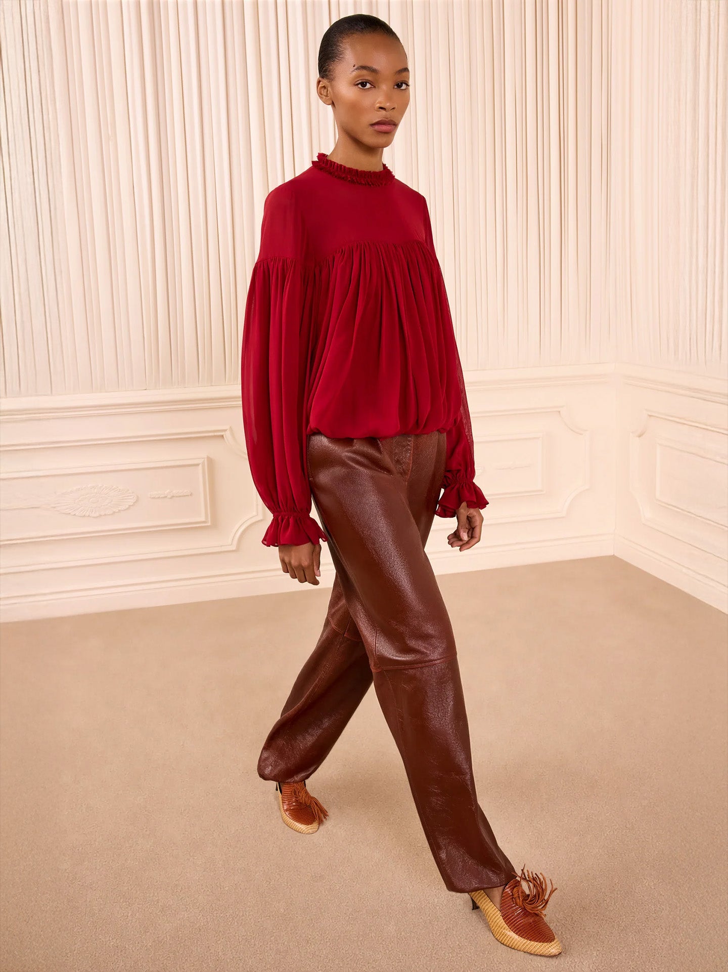 Pearl long sleeve silk blouse, cerise