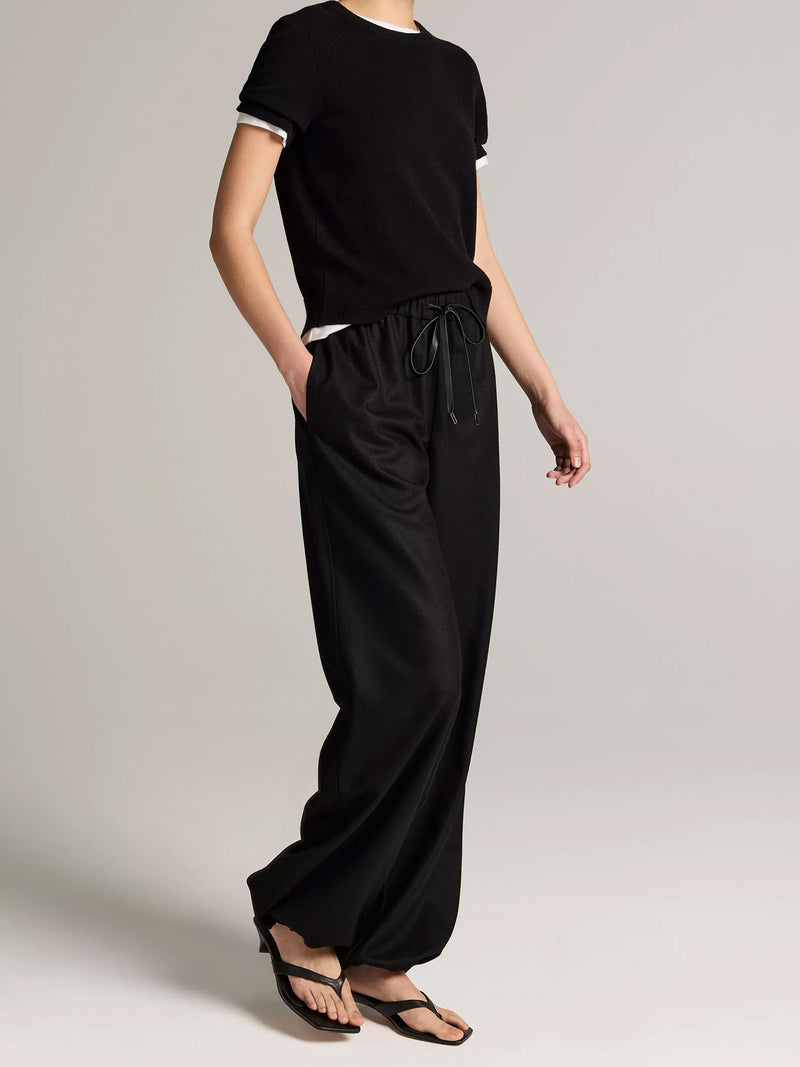 Mid rise soft flannel drawstring pant, black