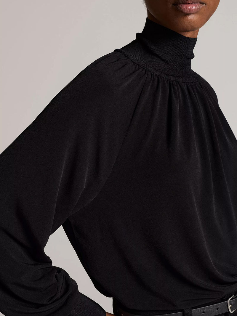 Rib trim long sleeve gathered turtleneck, black