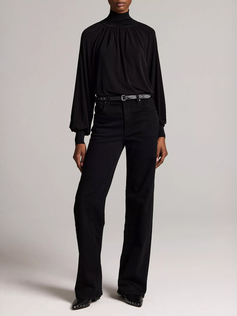 Rib trim long sleeve gathered turtleneck, black