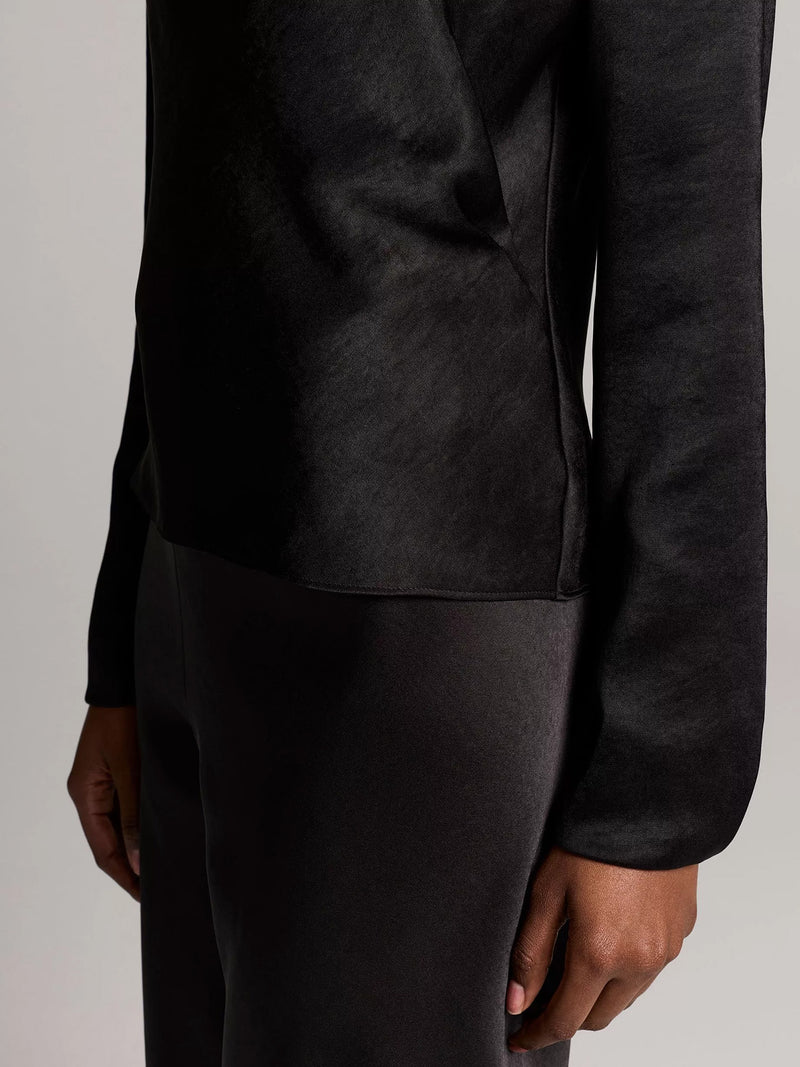 Satin draped long sleeve cowl, black