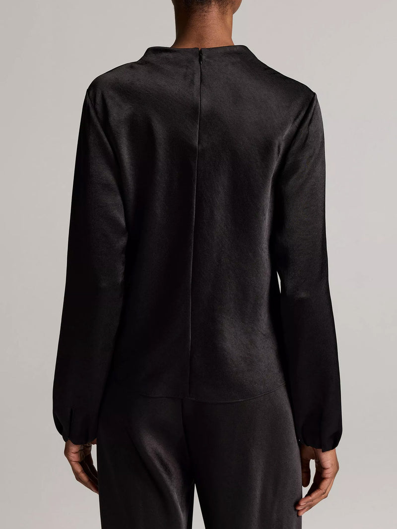 Satin draped long sleeve cowl, black